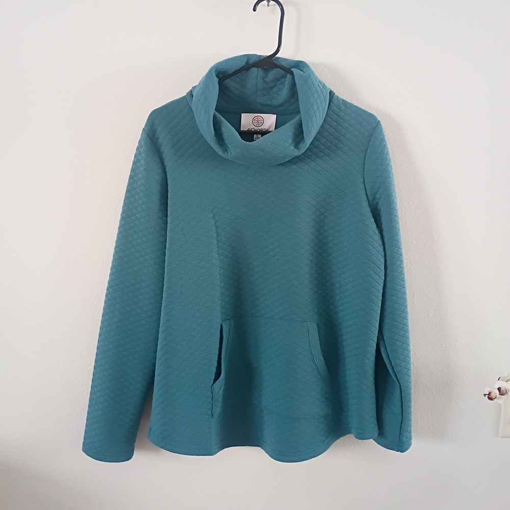 44 North Quilted Pullover Hoodie Womens Large Teal Cowl Neck Sweatshirt